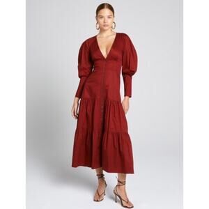 A.L.C. Fleur Puff Sleeve Tiered Cotton-Poplin Midi Dress in Dark Red Size 4